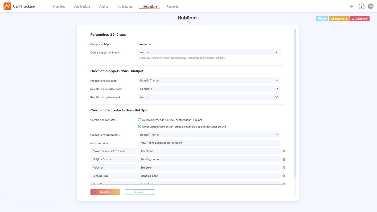 Personnaliser les données d'appel synchronisées avec vos contacts et activités